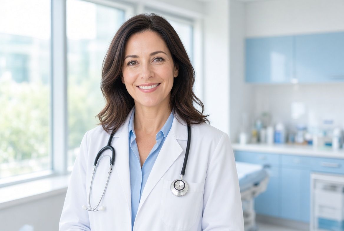A smiling physician in a bright, modern clinic